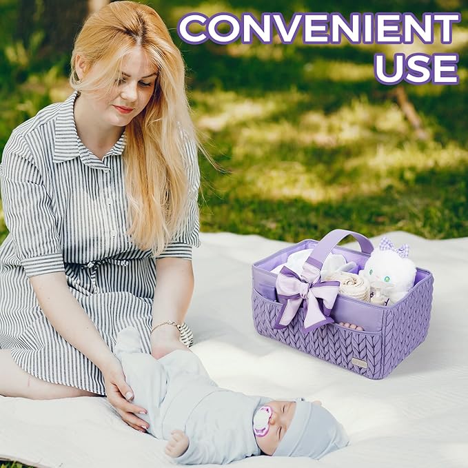 LUKJOJO Luxurious Baby Diaper Caddy, Nursery Storage Basket for Newborn Boy and Girl, Travel Baby Basket for Diapers Baby Wipes, Organizer Tote Bag Storage Bin, Baby Shower Gifts (purple)