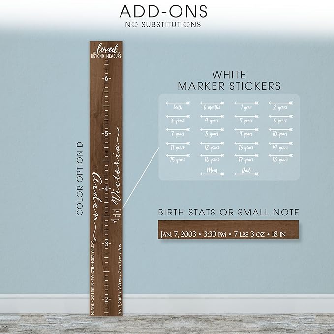 Wooden Kids Growth Height Chart Ruler for Boys and Girls Painted or Engraved (Two Names)