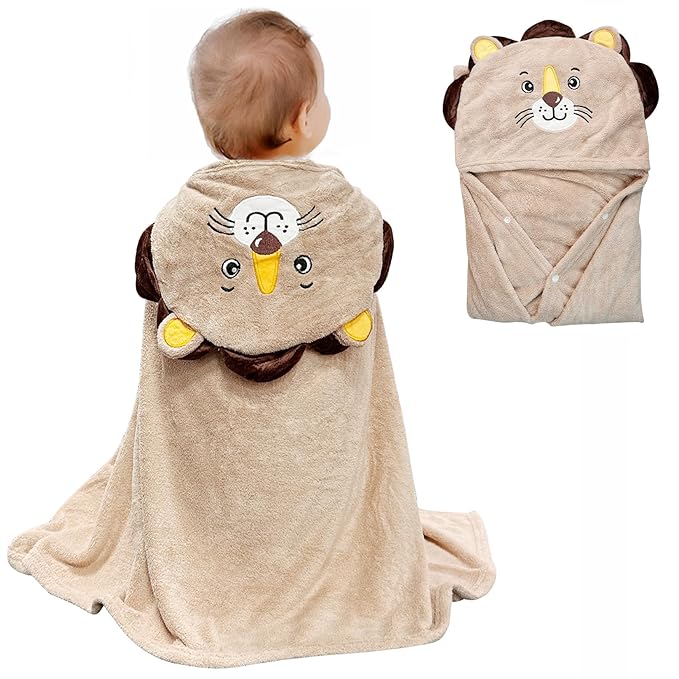 ROMASA Baby Bath Towel Ultra Soft Hooded Towel Highly Absorbent Bathrobe Blanket Toddlers Shower Gifts for Boys Girls-27.5" x 55" (Khaki Lion)