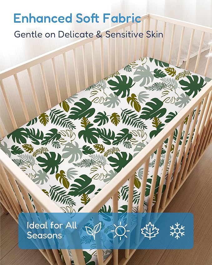 Baby Crib Sheets Boy Girl for Standard Crib Mattress - Ultra Soft Jersey Knit Monstera&Green Crib Sheet, Safe and Snug, Durable, Stylish Fitted Sheet, 28''x52''x9'' Extra Deep Pocket