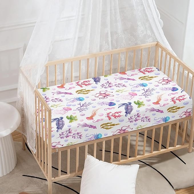Ocean Purple Fitted Crib Sheet for Boys Girls Turtle Jellyfish Sea Horse Weeds Sea Life Baby Sheet for Standard Crib and Toddler Nursery Bed Mattress Sheets 28"x52"