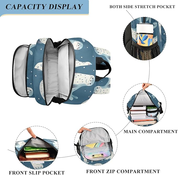 Jucciaco Seal Cartoon School Backpack Laptop Travel Backpack for Kids Girls Boys, Computer Notebooks Bookbag with Reflective Stripes