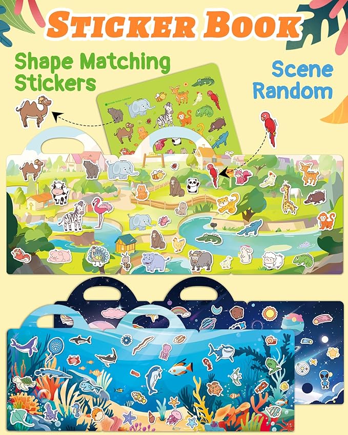 Benresive Reusable Sticker Books for Toddlers, 3 Sets Travel Stickers for Kids, Toddler Sticker Book, Crafts Activities for Toddlers, 3 and Up Birthday Gifts Travel Toys