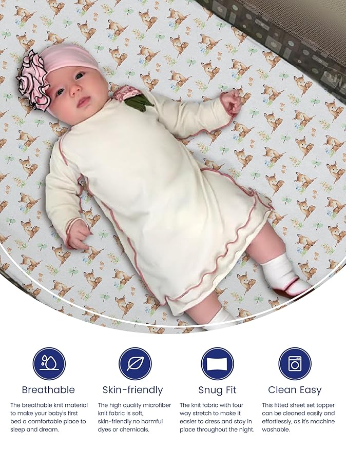 TotAha Mini Crib Sheets 24x38, Ultra Soft Pack N Play Sheets Fitted Boy Girl, Super Stretchy Jersey Knit Pack and Play Mattress Sheets, Hypoallergenic, Forest Bear & Cute Deer