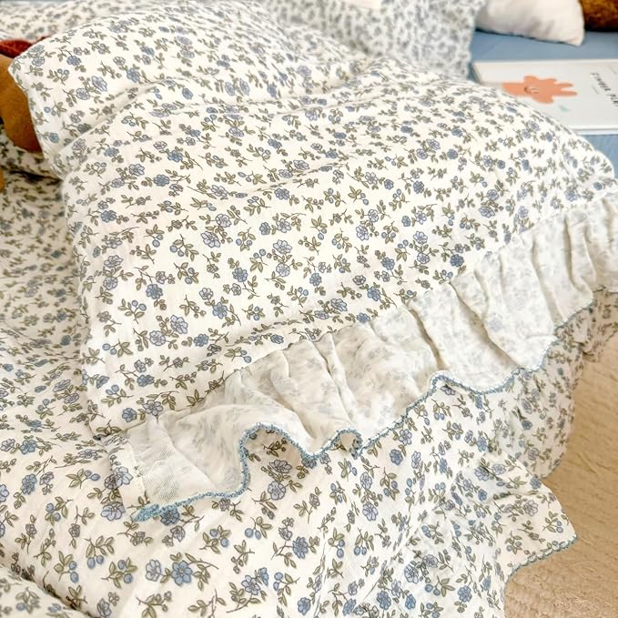 BuLuTu Blue Floral Toddler Kids Duvet Cover for Girls Boys 100% Cotton Muslin Quilt Cover for Toddler Bed Vintage Flower Design Duvet Cover with Ruffles, 47"x59", Pillow Case Not Included