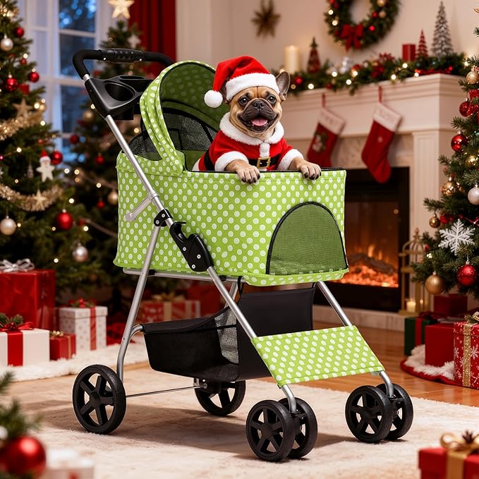 MoNiBloom 3 in 1 Foldable Pet Stroller for Small & Medium Dogs, Detachable Carrier, Car Seat, Push Button Entry, 4-Wheel Jogger for Pets up to 33 lbs, Lawn Green Polka Dots