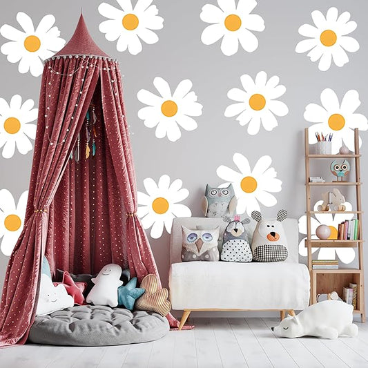12 Sheets Daisy Wall Decals Big Daisy Wall Stickers White Flower Wall Stickers Peel Floral Stickers for Kids Girls Nursery Playroom Bedroom Living Room Wall Décor