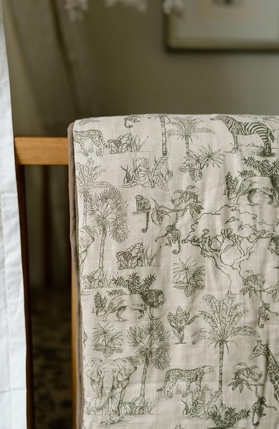 Oilo 100% Organic Premium Cotton Muslin Crib Quilt & Sham Set, (45" x 60") Print and Solid Sides, Extra-Soft & Lightweight, Fits Toddler Beds, Heirloom Organic Collection, Vintage Safari