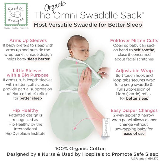 SwaddleDesigns Organic 6-Way Omni Swaddle Sack, Arms Up Swaddle for Newborn, More Options to Calm Startle Reflex, Improves Sleep, Small, 0-3 mo, 6-14 lbs, Soft Jadeite