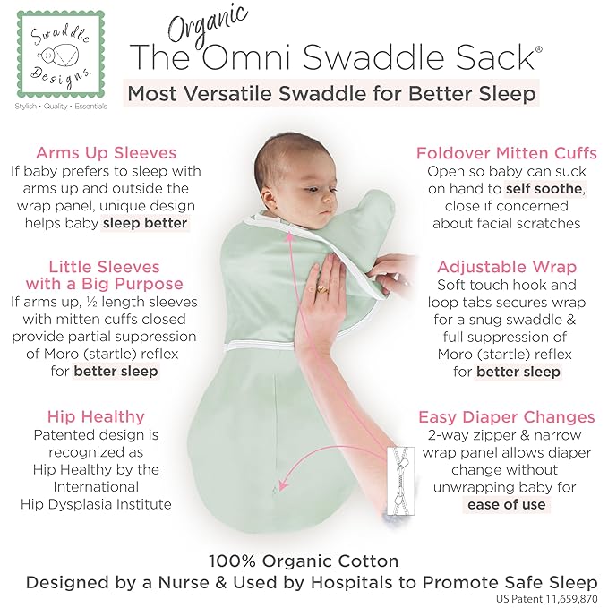 SwaddleDesigns Organic 6-Way Omni Swaddle Sack Arms Up Swaddle for Newborn, More Options to Calm Startle Reflex, Improves Sleep, 12-18 lbs, Soft Jadeite