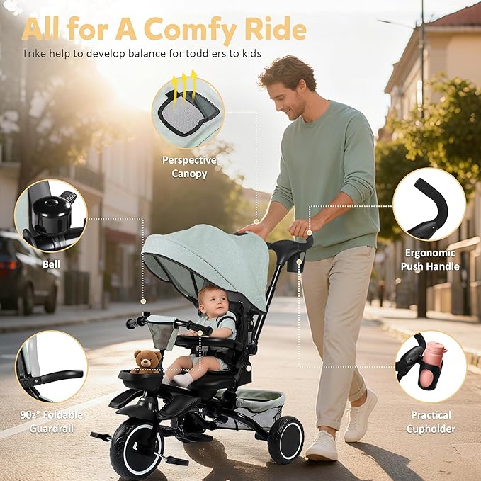 Folding Kids Tricycle, 8 in 1 Baby Trike W/Removable & Adjustable Canopy, Parent Handle, 5-Piont Safety Harness, Toddler Bike Stroller for Kids 1-6 Years, EVA Wheels, Storage Basket, Green