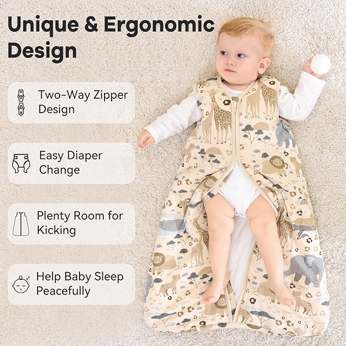 Baby Sleep Sack 18-24 Months TOG 2.5 Winter Baby Wearable Blanket, 100% Cotton Toddler Sleeping Sack with 2-Way Zipper Warm Soft Apricot Zebra