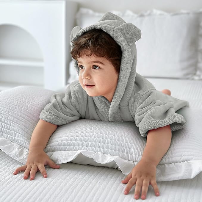VOOVA & MOVAS Baby Hooded Bath Towel with Bear Ear (0-3Years) 100% Cotton Soft Absorbent Skin-Friendly Bath Pool Beach Towel Robe for Newborns & Infants - Perfect Set,Gray