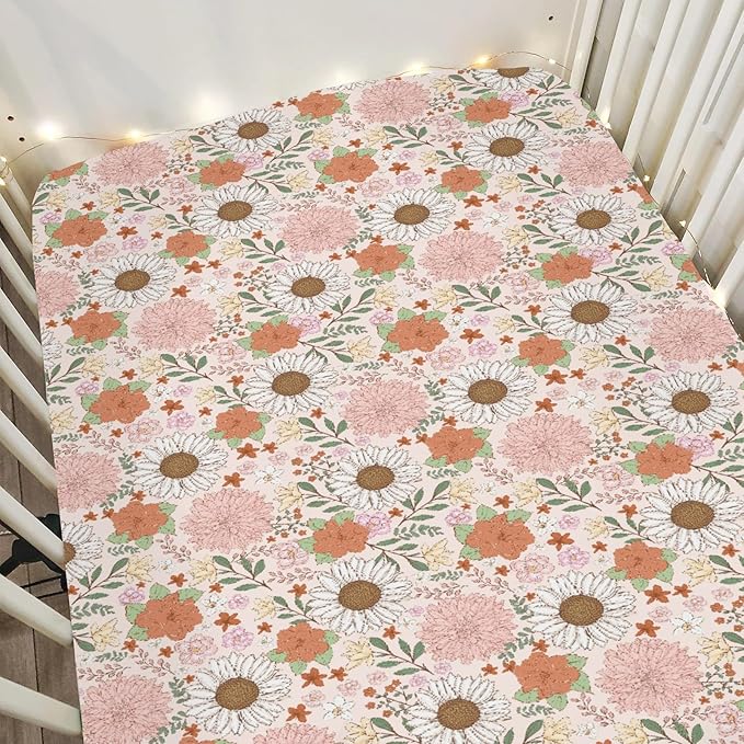Boho Floral Print Baby Crib Sheets for Boy Girl 52x28Inch Neutral Flowers Soft Stnug Fitted Crib Mattress Cover Wildflower Garden Spring Summer Nursery Baby Sheet for Crib and Toddler Bed Mattresses
