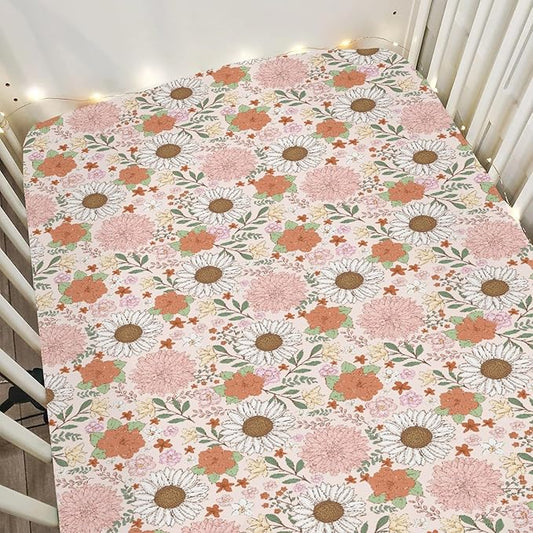 Boho Floral Print Baby Crib Sheets for Boy Girl 52x28Inch Neutral Flowers Soft Stnug Fitted Crib Mattress Cover Wildflower Garden Spring Summer Nursery Baby Sheet for Crib and Toddler Bed Mattresses