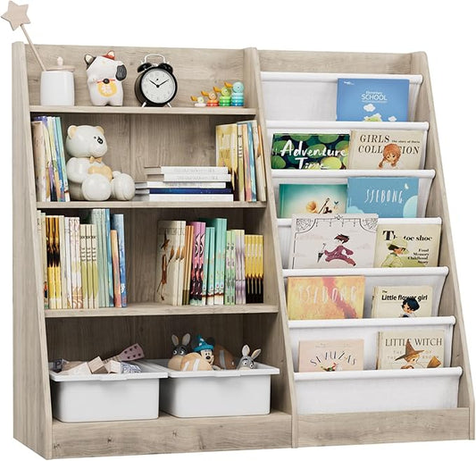 HedoAjim Kids Bookshelf Wood Toy Storage Organizer Cabinet Children Bookcase Toddler Baby Sling Book Rack Adjustable Shelf for Playroom Bedroom Nursery Hallway School Kindergarten