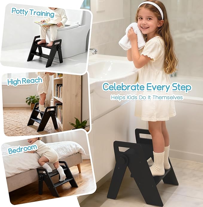 HOMEKOL Toddler Kids Step Stool: Wooden 2 Step Stool for Bathroom Sink, Foldable, Black