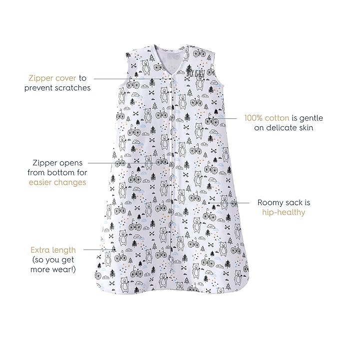 HALO SleepSack, 100% Cotton Wearable Blanket, Swaddle Transition Sleeping Bag, TOG 0.5, Huggy Bears, Small, 0-6 Months