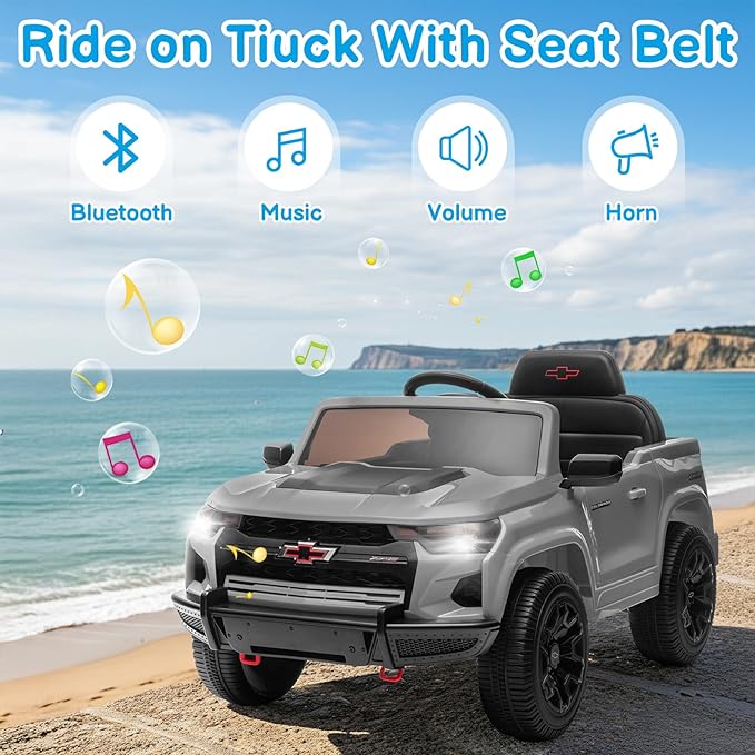 Winado Licensed Chevrolet Colorado Electric Car for Kids, 12V Ride on Toys for Toddlers with Remote Control, Battery Powered Electric Car Ride On Vehicle w/Bluetooth, Soft Start, LED Lights - Gray