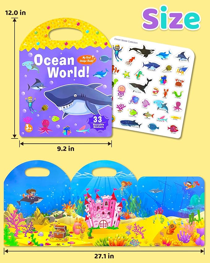 Benresive Reusable Sticker Books for Toddlers, Fun Travel Stickers for Kids, Toddler Sticker Book, Crafts Activities for Toddlers, 3 and Up Birthady Gifts - Ocean World