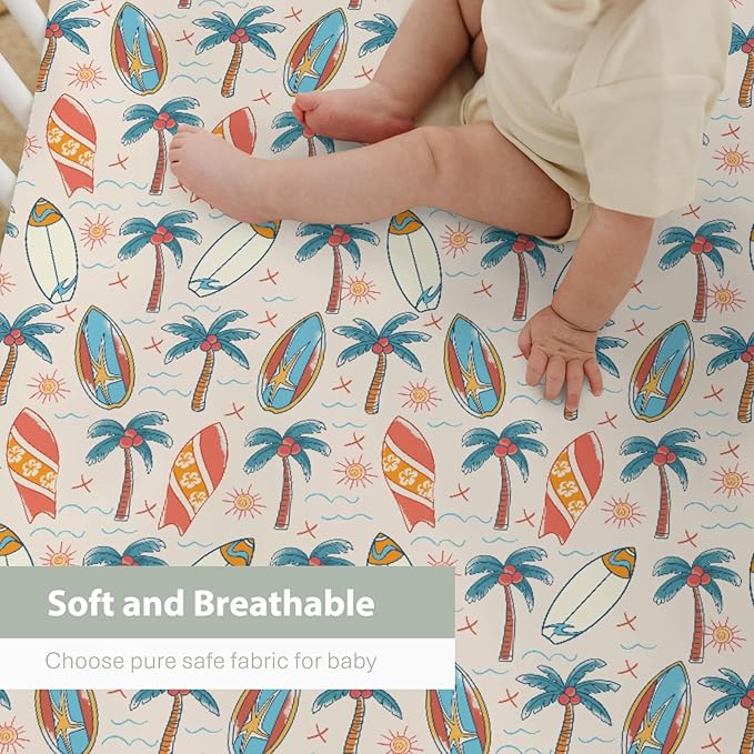 Retro Boho Surfing Baby Crib Sheets for Boy Girl 52x28Inch Summer Surfboards Coconut Palm Trees Sun Soft Snug Fitted Crib Mattress Cover Beach Life Baby Sheet for Standard Crib & Toddler Bed Mattress