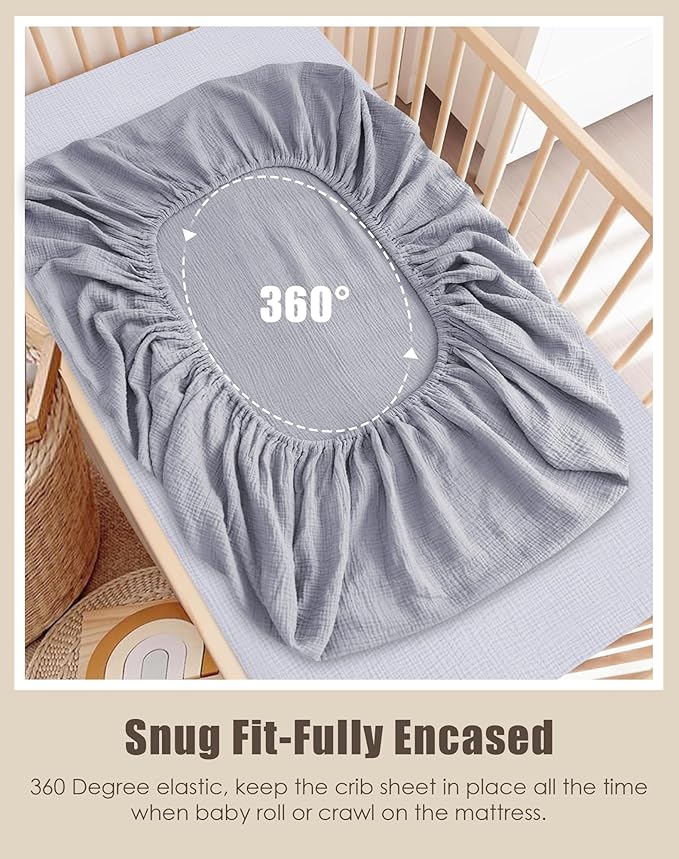 SWEET DOLPHIN 2-Pack Muslin Crib Sheets for Boys & Girls, Ultra Soft Breathable 40S Long-Staple Cotton Fitted Baby Sheets for Standard Crib Mattress 52"x28", Slate and Grey- Nursery Essentials
