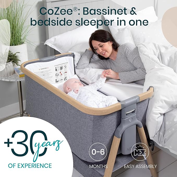 Tutti Bambini CoZee® 2-in-1 Baby Bassinet & Bedside Sleeper - Fast-Folding Bedside Bassinet, Baby Crib with 6 Mattress Heights & Breathable Mesh Window, Mattress Included, 0-6 Months (Oak & Charcoal)