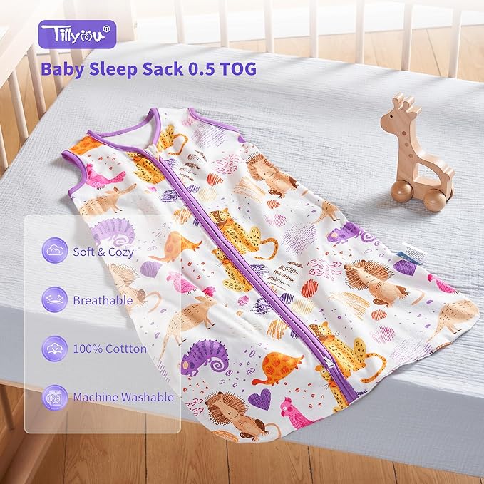 TILLYOU 2 Pack Infant Sleep Sack 0-6 Months 100% Cotton Wearable Blanket 0.5 TOG Sleeveless Summer Sleep Sacks with 2-Way Zipper, Animal Graffiti & Purple