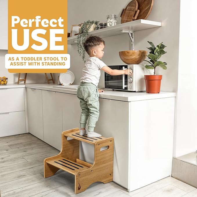 HUOLI Wooden Kids Step Stool | 13" W by 12" H - 300LB Capacity | Kids Stool & Toddler Stool for Bathroom is Lightweight, Anti-Slip, Easy Assembly with Smooth Rounded Edges, Bamboo Step Stool