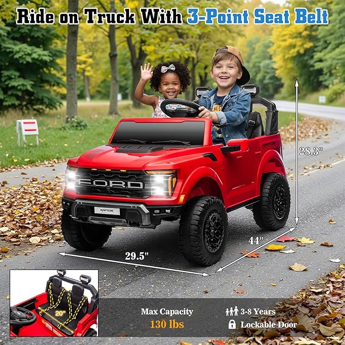 24V Ride on Car for Big Kids, Licensed Ford F-150 Raptor 2 Seater Ride on Toy with Remote Control, Ride on Track w/4-Wheeler Suspension, LED Lights, Bluetooth, Music, Soft Start (24V, Red)
