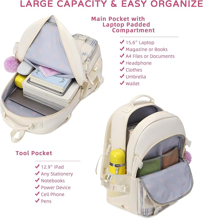 KIDNUO Backpack for Girls, 15.6 Inch Laptop School Bag Kids Kindergarten Elementary College Backpacks Large Bookbags for Teen Girl Women Students Casual Travel Daypacks (Beige)