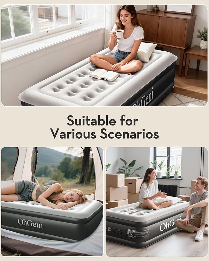 OhGeni Twin Air Mattress with Built in Pump, Blow up Mattresses, 18" Raised Blow Up Colchones Inflables Airbed for Guests & Home, Ideal for Home Use and Outdoor Camping