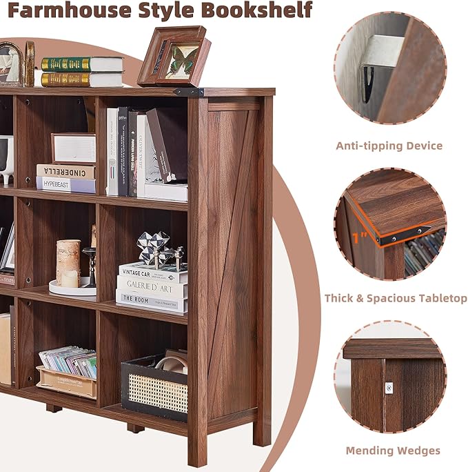 Joaxswe 9 Cube Bookcase, Farmhouse 47 Inch Wide Brown Walnut Bookshelf, Wooden 3 Tier Display Large Open Book Shelf, Vintage Horizontal Book Case for Home Office, Cubby Storage Cabinet for Living Room