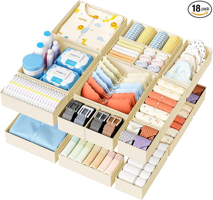 DIMJ Drawer Organizer Clothes - 18 Pack Closet Drawer Organizer Bins for Baby Clothes Storage, Fabric Dresser Organizer for Nursery Bedroom, Foldable Small Drawer Dividers for Underwear Socks