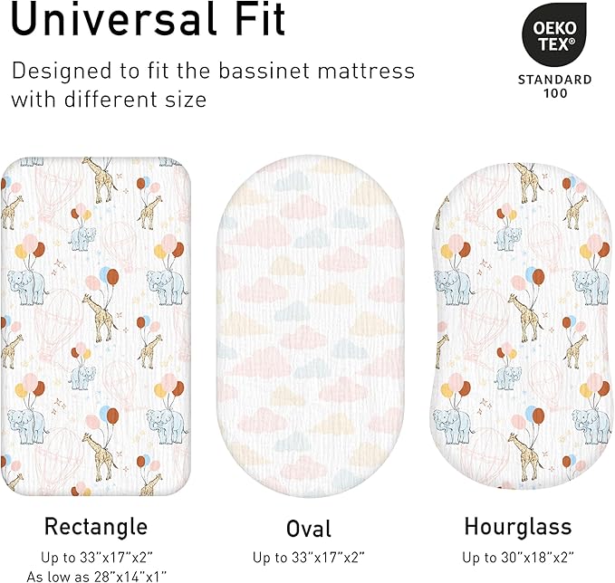 Muslin Bassinet Fitted Sheets, 2 Pack for Baby Boy and Girl, Soft Breathable Baby Pad/Mattress Sheet, Fit for Hourglass Oval and Rectangle Bassinet Mattress (Cute Animals)