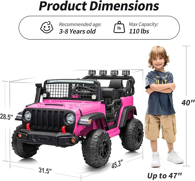 2 Seater Ride on Car Toy, 12V Electric Car for Kids 4-8 with Remote Control, Capacity 110 lb, LED Light - Pink