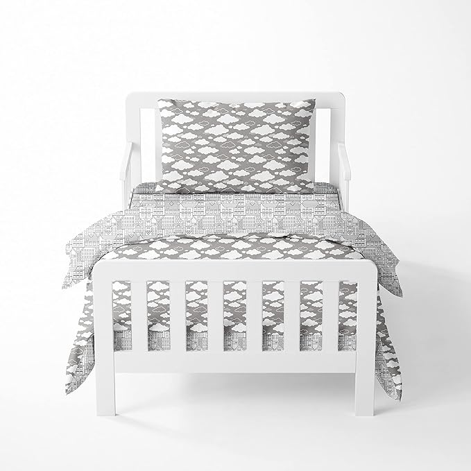 Bacati Clouds in The City 4 Pc Toddler Bedding Set, White/Grey