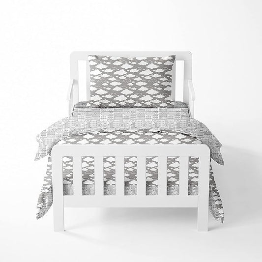 Bacati Clouds in The City 4 Pc Toddler Bedding Set, White/Grey