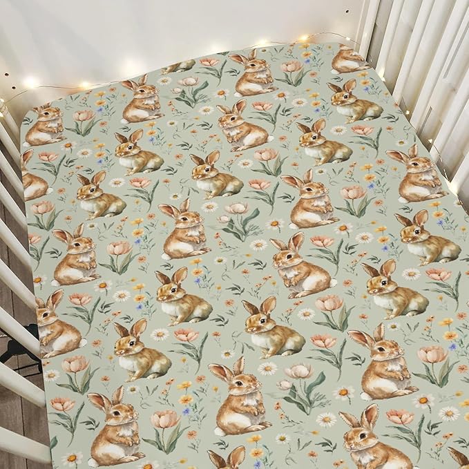 Vintage Rabbit Floral Baby Crib Sheets for Boy Girl 52"x28" Spring Bunnies Flowers Soft Stretchy Fitted Crib Mattress Cover Easter Bunny Wildflowers Baby Sheet for Standard Crib & Toddler Bed Mattress