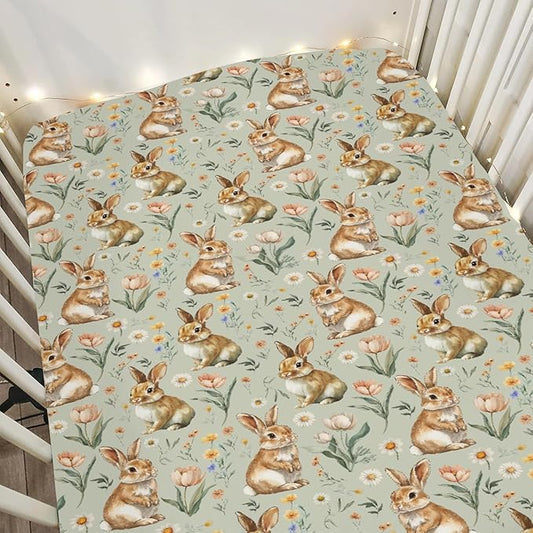 Vintage Rabbit Floral Baby Crib Sheets for Boy Girl 52"x28" Spring Bunnies Flowers Soft Stretchy Fitted Crib Mattress Cover Easter Bunny Wildflowers Baby Sheet for Standard Crib & Toddler Bed Mattress