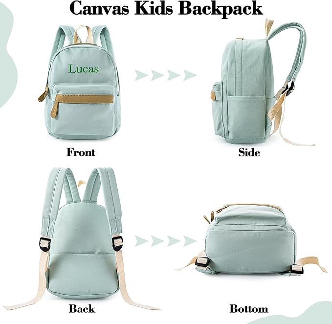MT WORLD Daycare Backpack - Personalized Canvas Backpack with Name - Classic 12inch Daypack with Back Pocket - Custom Daycare Diapering Bag for Overnight Travel Birthday Gifts (Lake Green, Medium)