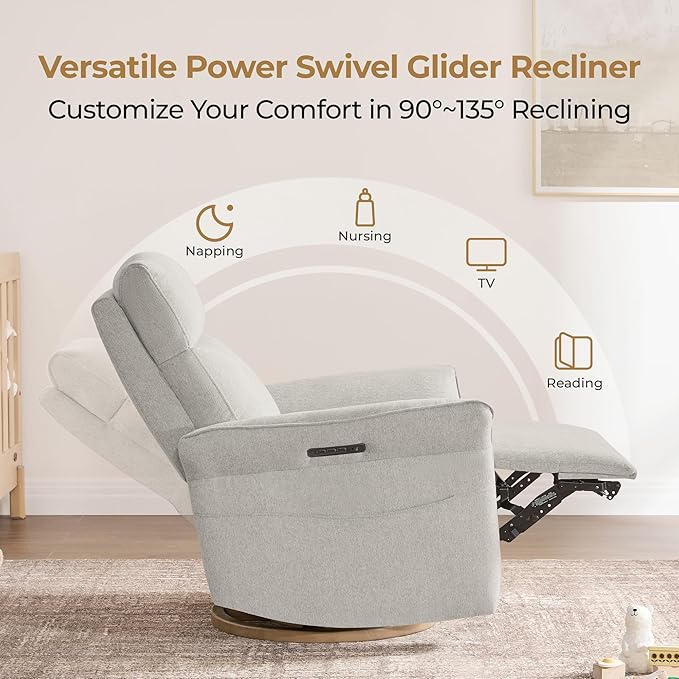 CHITA Power Recliner Chair, Electric Triple-Motor Swivel Glider Nursery Rocking Chair with Adjustable Power Headrest and Lumbar Support, Solid Wood Base, Crockery Grey