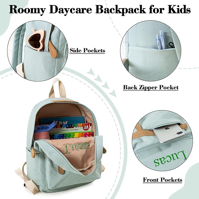 MT WORLD Daycare Backpack - Personalized Canvas Backpack with Name - Classic 12inch Daypack with Back Pocket - Custom Daycare Diapering Bag for Overnight Travel Birthday Gifts (Lake Green, Medium)