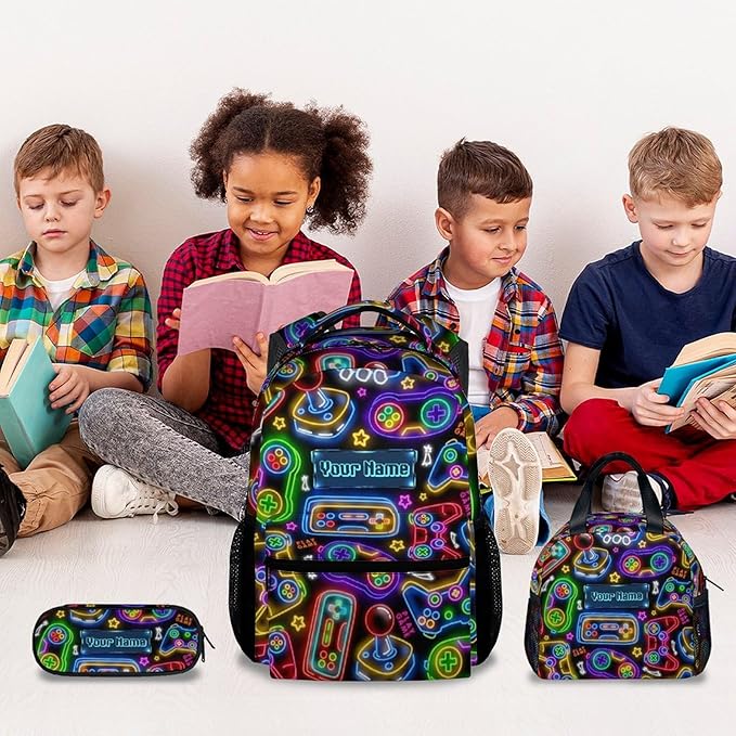 COZYAURA Kids Personalized Backpack - Large Bags with Lunch Bag Set - Cool Gamer Bookbag for Middle School & Travel - Kid School Supplies
