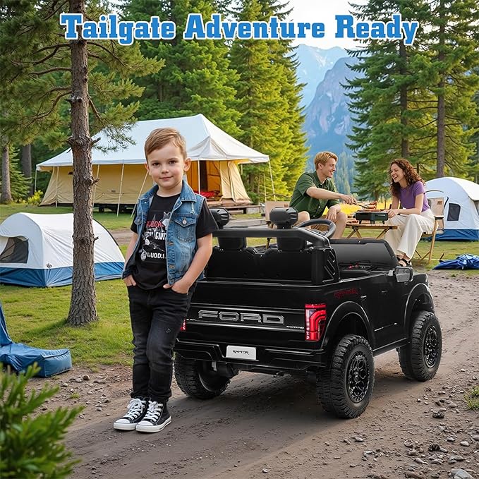 Licensed Ford F-150 Raptor 2 Seater Electric Car, 24V Ride on Car for Big Kids with Remote Control, Toddler Car w/4 Wheels Suspension, LED Lights, Bluetooth, Soft Start Function (24V, Black)