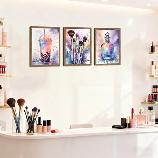 Framed Teen Girls Bedroom Wall Art Set of 3, Pink and Purple Splash Canvas Prints, Makeup Enthusiast Pictures Posters, Drinks Cosmetic Wall Decor for Teenage Girl Room Decor – 12x16 inch