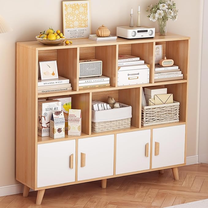 OSCHF Cubby Shelf Bookcase with Doors - Wooden 11 Cube Floor Standing Open Bookshelf with Solid Wood Legs, 3-Tier Storage Cabinet, Oak and Warm White