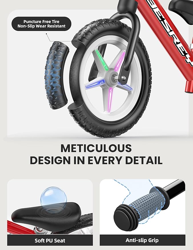 besrey Toddler Balance Bike 2 Year Old: All-Metal Frame + 12" Light-Up Wheels + Personalize Plate & 4 Sets of Stickers, Kids Gift Bike with Adjustable Seat for Boys Girls Age 2 3 4 5