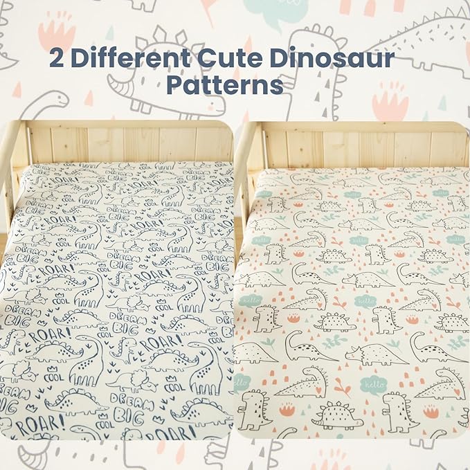 SDIII 2 Pack Dinosaur Crib Sheets for Boys 52×28 Stretchy Microfiber Jersey Knit Fall Crib Sheets Dinosaur for Standard Crib and Toddler Mattress