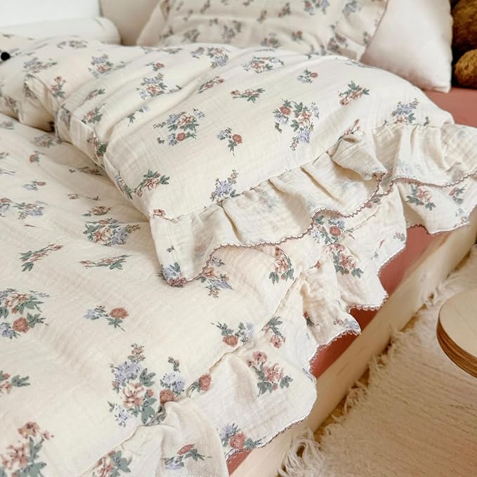 BuLuTu Muslin Floral Duvet Cover for Toddler Girls, Chic Shabby Aesthetic Kids Duvet Covers with Ruffles, All Seasons Gauze Cotton Toddler Bed Comforter Cover with Zipper, 47"x59", No Pillowcases